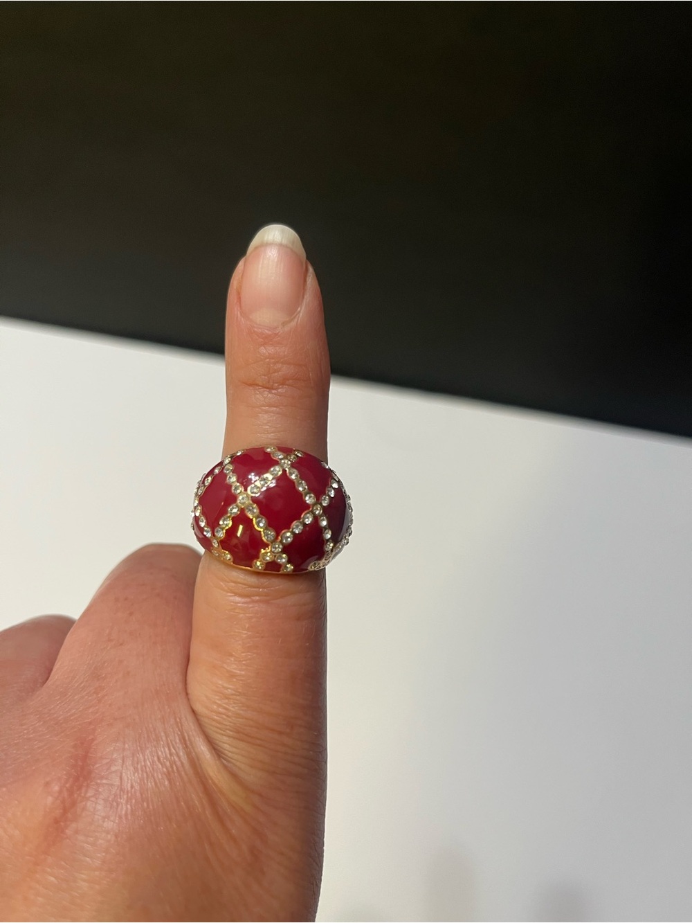 Gold-Tone Red Dome Cocktail Ring with Crystal Lattice